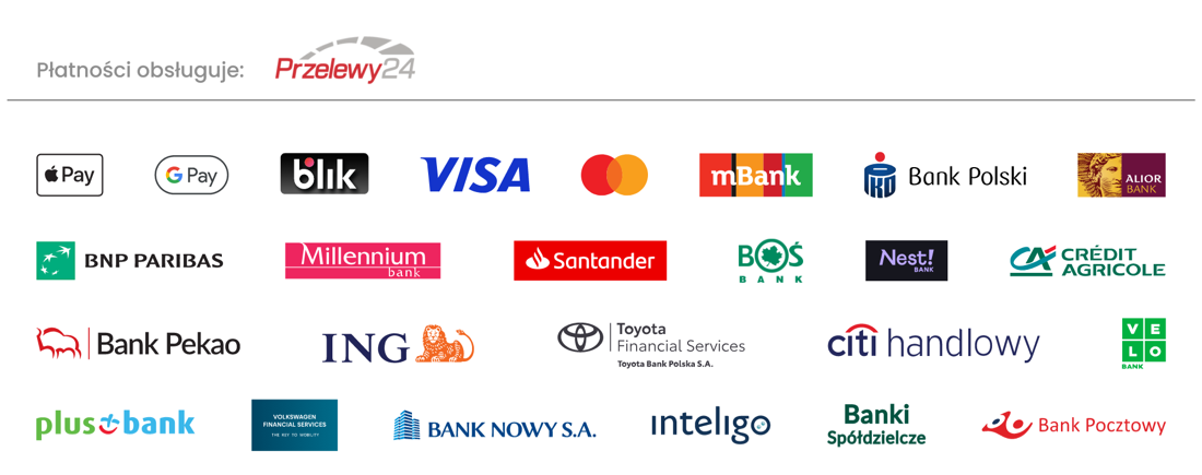 Płatności obsługuje Przelewy24. Obsługiwane metody: Apple Pay, Google Pay, BLIK, Visa, Mastercard oraz przelewy z banków w Polsce.